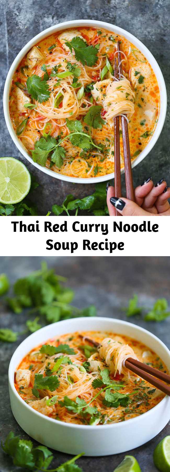 Thai Red Curry Noodle Soup Recipe - Yes, you can have Thai takeout right at home! This soup is packed with so much flavor with bites of tender chicken, rice noodles, cilantro, basil and lime juice! So cozy, comforting and fragrant – plus, it’s easy enough for any night of the week!