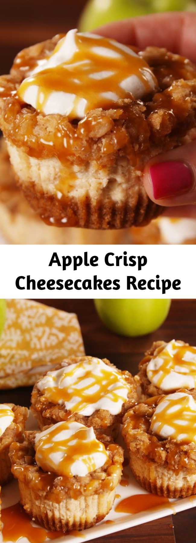 Apple Crisp Cheesecakes Recipe - To have cheesecake faster try these Mini Apple Cheesecakes. You won't be able to eat just one.