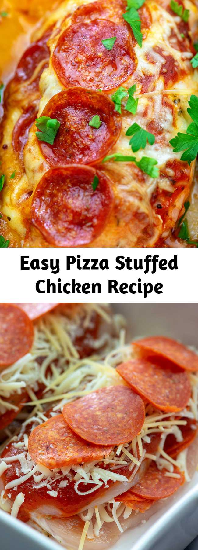 Easy Pizza Stuffed Chicken Recipe - If you're craving pizza, this stuffed chicken recipe will do the trick nicely! We use pepperoni since that's what we love on our pizza, but feel free to add a few of your favorite toppings! This quickly became one of the most requested recipes by my kids and I love it because it’s low carb and super easy prep. #chicken #lowcarb #keto #pizza