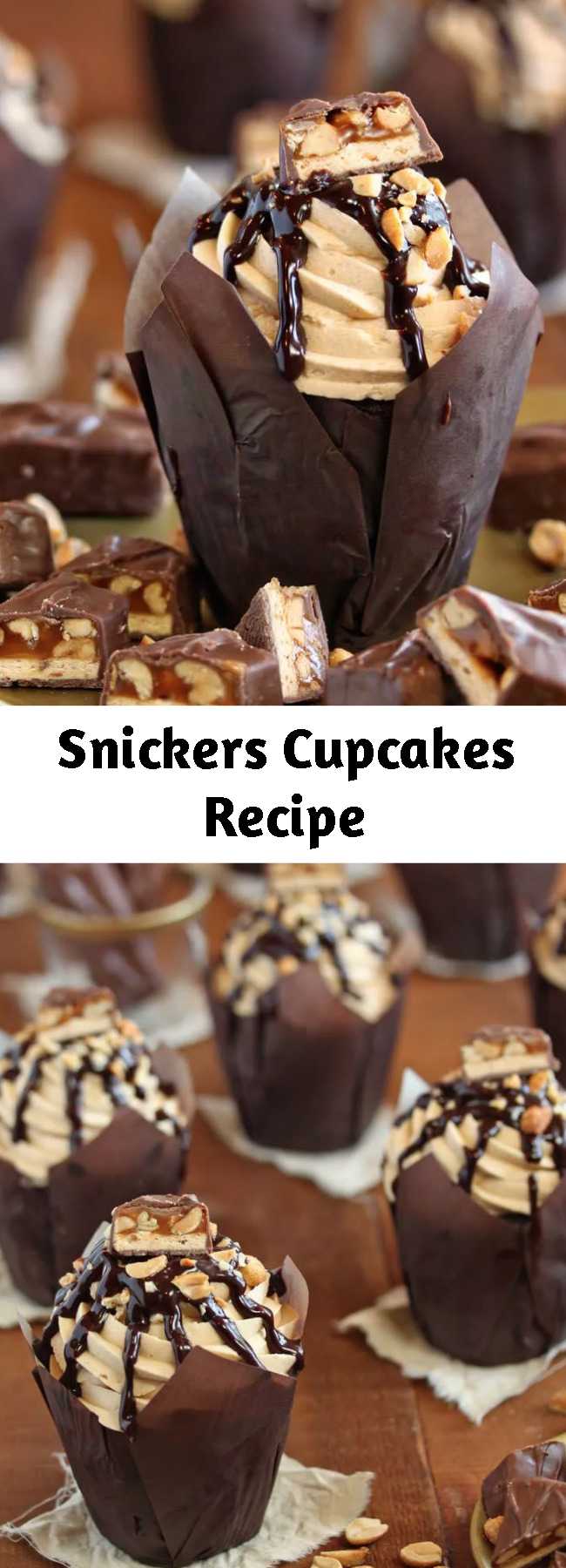 Snickers Cupcakes Recipe - In these Snickers Cupcakes, plain chocolate cupcakes are transformed into decadent, candy-bar inspired creations, featuring a peanut caramel filling, fluffy peanut butter frosting, and LOTS of chocolate and candy bars. #snickers #cupcakes #chocolate