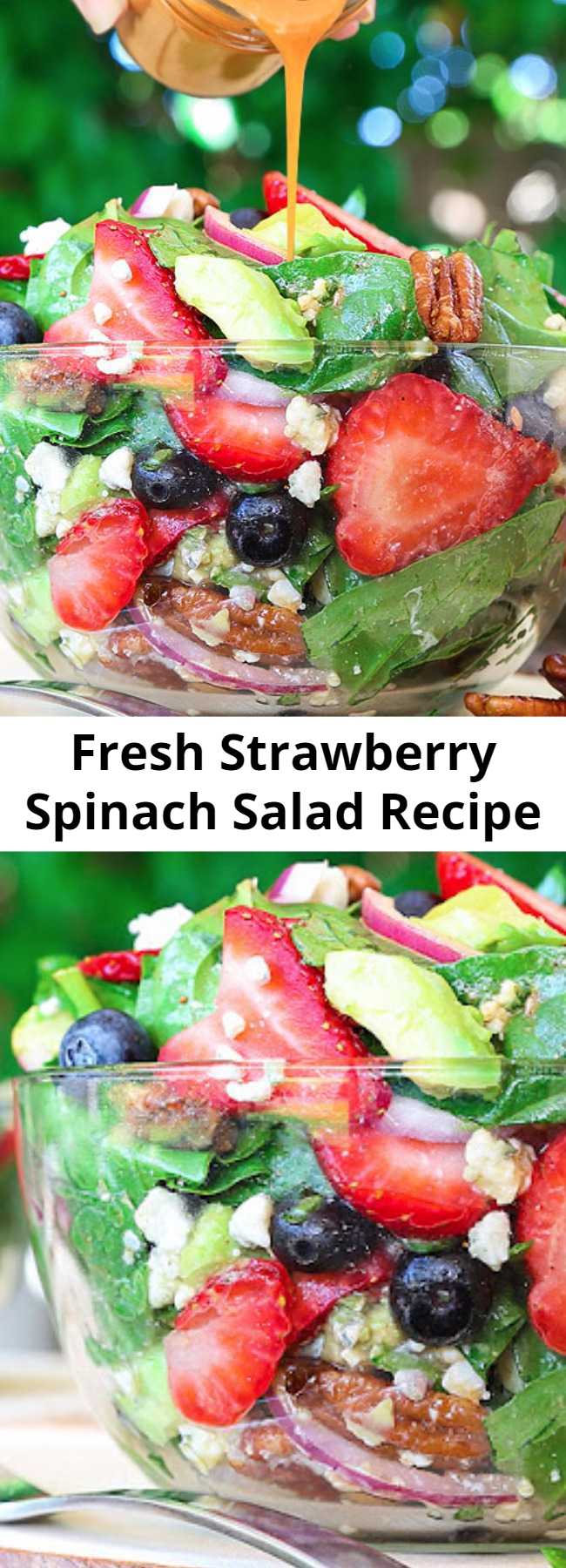 Fresh Strawberry Spinach Salad Recipe - Best Ever Strawberry Spinach Salad will rock your world! This simple recipe is a celebration of summers bounty in the most spectacular salad you will ever eat. Fresh crisp spinach salad is taken to another level with bursts of sweetness from fresh summer fruit and buttery avocado. It is tossed in a sweet and tangy vinaigrette and topped with crunchy nuts and creamy cheese. #salad #strawberry
