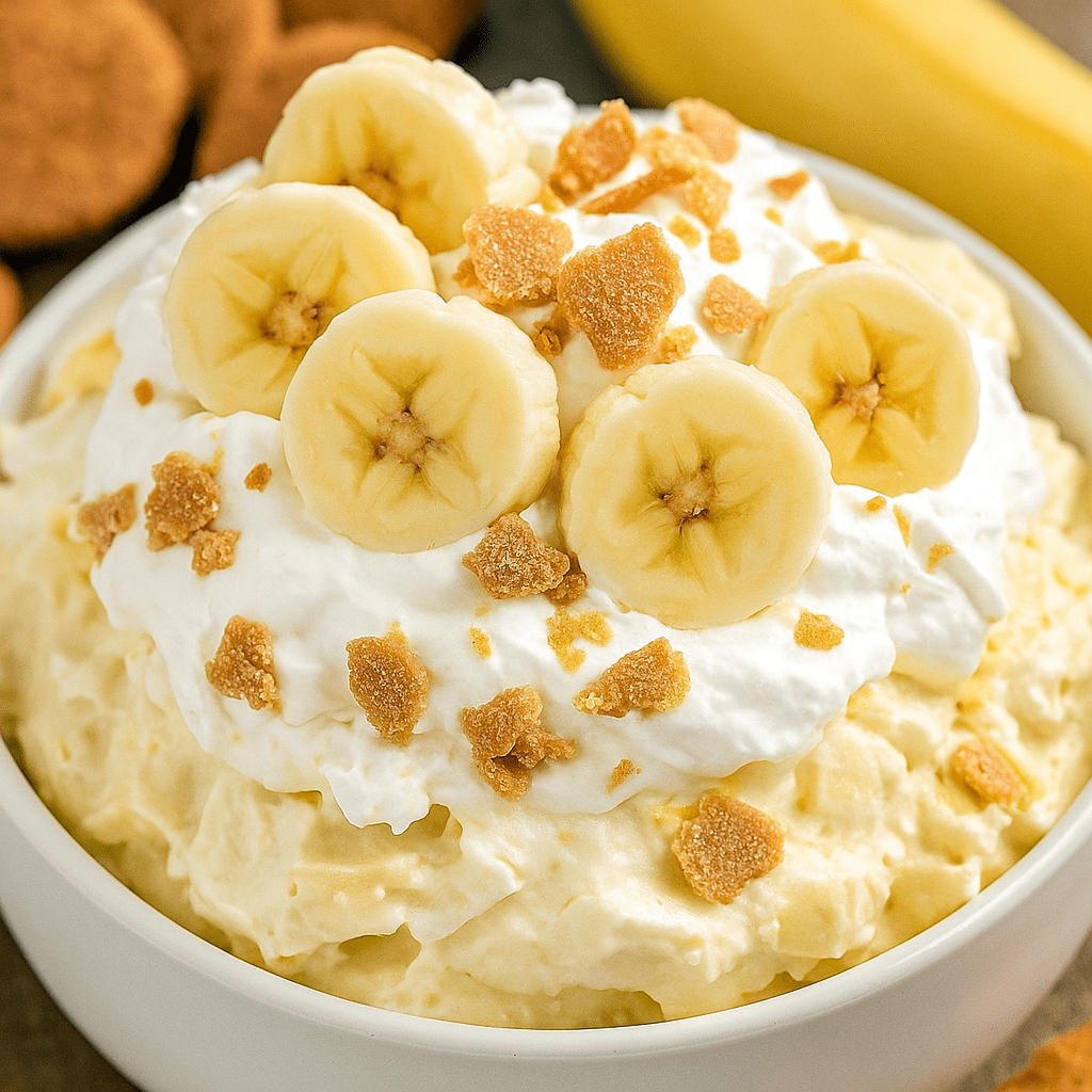 Glass bowl of banana pudding fluff layered with vanilla wafers, sliced bananas, and mini marshmallows, topped with a whole wafer.