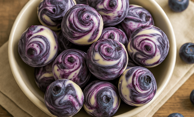 Frozen Blueberry Greek Yogurt Bites in silicone molds, perfect Morning Bites and Natural Snacks Healthy, easy Healthy Desserts Recipe, tasty Yogurt Fruit Cups and Yogurt Ball, ideal Dessert Snack Recipes and Meal Prep Dessert Ideas, made with Healthy Recipes With Milk.