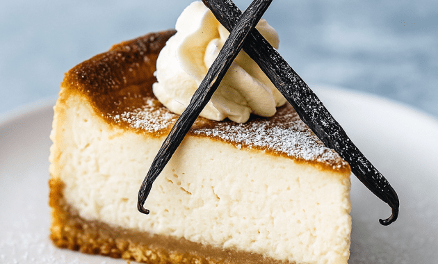 Slice of brown sugar cheesecake with visible vanilla bean specks, glossy brown-butter sheen, and toasted nut garnish on a white plate.