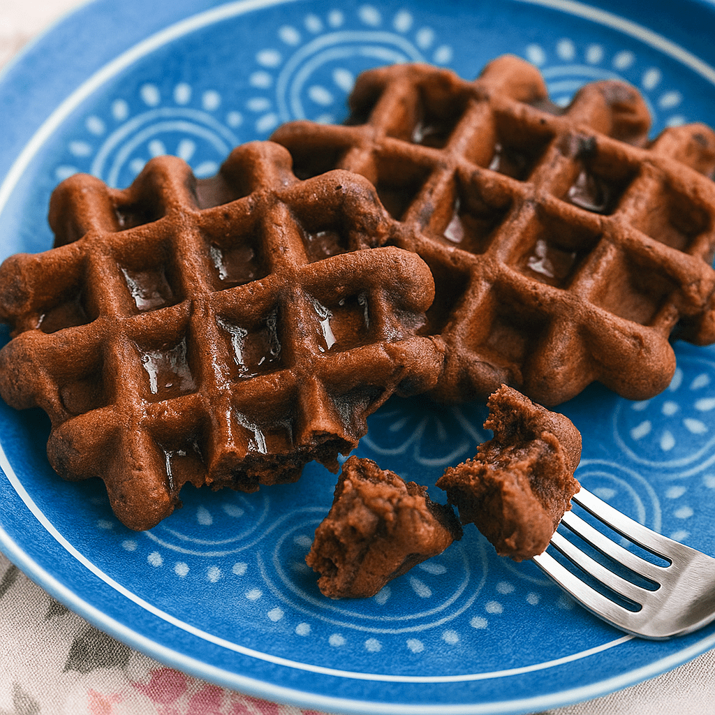A plate of chocolate brownie waffles made with simple keto ingredients, perfect for Breakfast Ideas Gluten Free Healthy Recipes. Great for a Gluten Free On The Go Breakfast, low-carb eaters, or anyone looking for Sweet Chaffle Recipes Easy and Waffle Maker Recipes Healthy options.