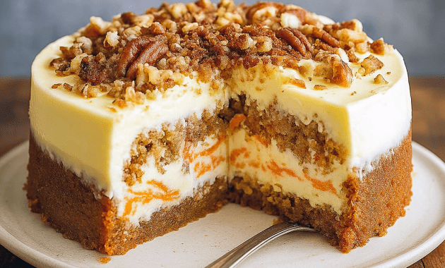 A decadent Carrot Cheesecake Recipe featuring a moist carrot cake base and creamy cheesecake topping. This Carrot Cheesecake dessert shows off a beautiful Cheesecake And Cake Layer, making it the perfect Carrot Cake Cheesecake Recipe for holidays. Garnished with nuts and cream, it’s like a Cream Cheese Carrot Cake but elevated into a rich Layered Cheesecake. Ideal for those looking for a Carrot Cake Cheesecake Recipe Easy, or fun variations like Carrot Cake Cheesecake Cupcakes baked from a Carrot Cake Recipe Homemade.