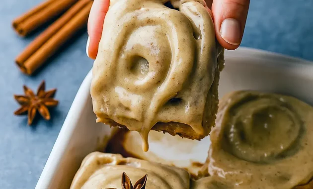 Close-up of chai cinnamon rolls with glossy brown-sugar caramel bottoms and chai cream-cheese frosting, arranged in a rustic baking dish.