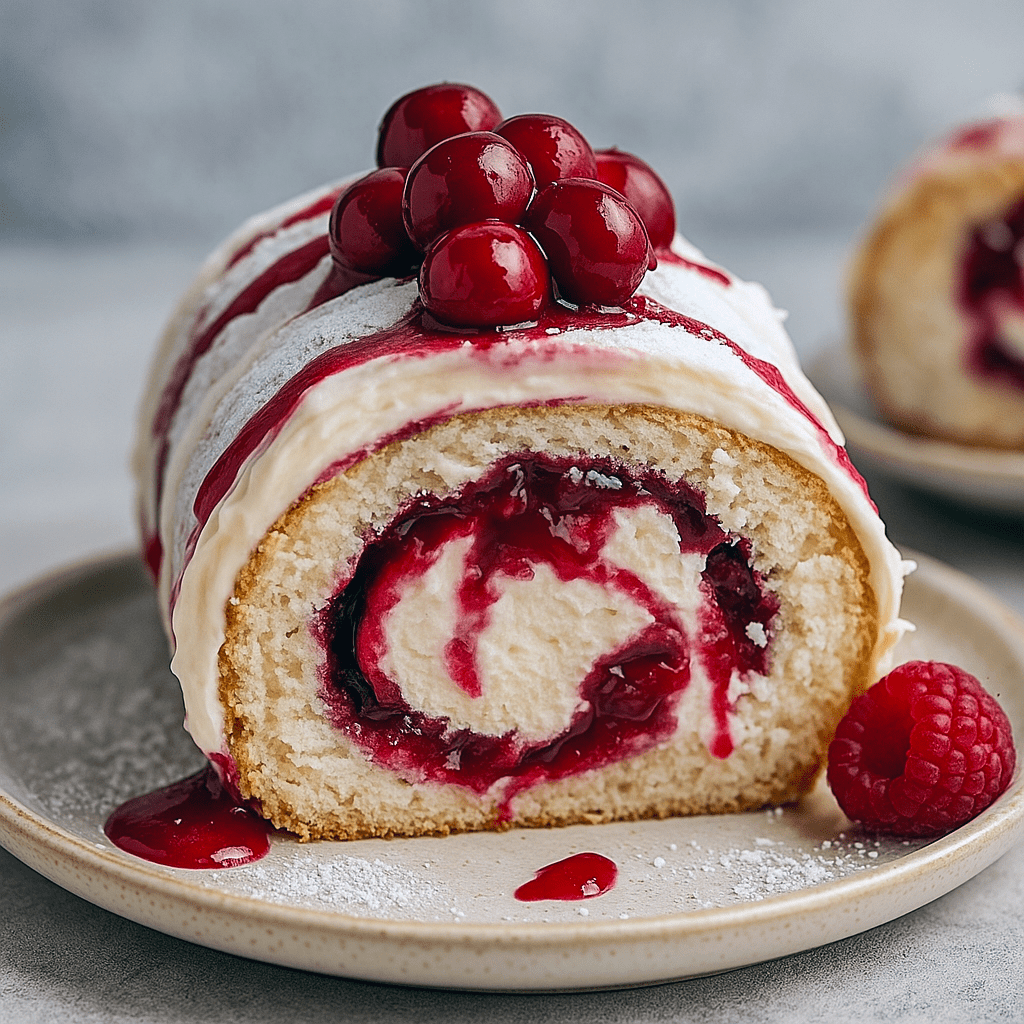 A beautifully sliced Cherry Cheesecake Cake Roll topped with cherries and dusted with powdered sugar, showing creamy layers of cheesecake filling inside this Cherry Roll Cake — the perfect Festive Cherry Cheesecake for any celebration.