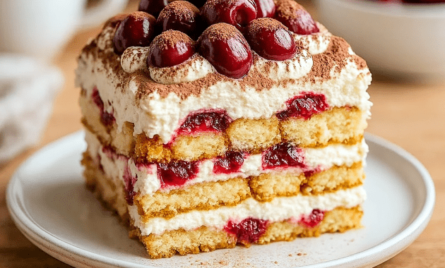 Close-up of layered Cherry Tiramisu Recipe with mascarpone cream, espresso-soaked ladyfingers, and fresh cherries — a decadent Amaretto Tiramisu Recipe perfect for Italian Night Desserts, Amaretto Desserts, or a fruity take like Cherry Almond Tiramisu.