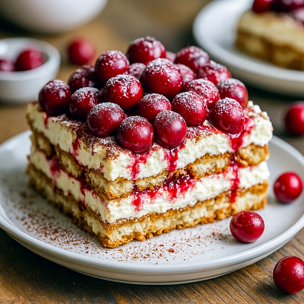 Close-up of layered Cherry Tiramisu Recipe with mascarpone cream, espresso-soaked ladyfingers, and fresh cherries — a decadent Amaretto Tiramisu Recipe perfect for Italian Night Desserts, Amaretto Desserts, or a fruity take like Cherry Almond Tiramisu.