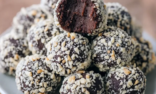 Delicious Chickpea Chocolate Truffles coated in crushed peanuts, showcasing a quick and easy Easy Healthy Chocolate Truffles recipe. Perfect Vegan Sweets for Chickpea Dessert Recipes Healthy or Patisserie Vegan treats, offering rich Healthy Chocolate flavor and a guide on How To Make Healthy Truffles.