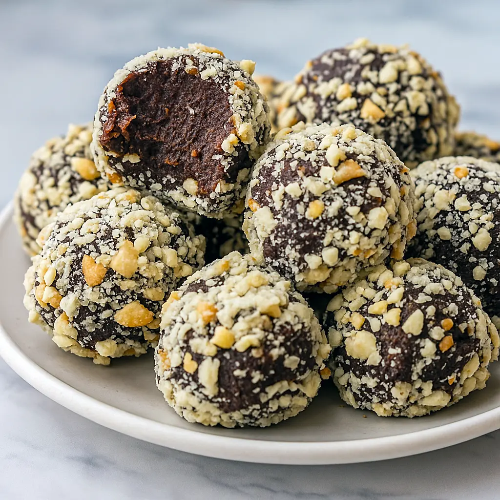 Delicious Chickpea Chocolate Truffles coated in crushed peanuts, showcasing a quick and easy Easy Healthy Chocolate Truffles recipe. Perfect Vegan Sweets for Chickpea Dessert Recipes Healthy or Patisserie Vegan treats, offering rich Healthy Chocolate flavor and a guide on How To Make Healthy Truffles.