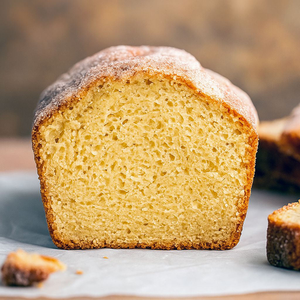 Golden cinnamon-sugar loaf with crunchy spiced crust, one thick slice on a plate and a steaming mug of coffee in the background.