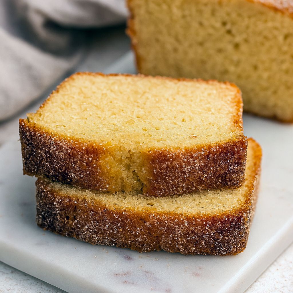 Golden cinnamon-sugar loaf with crunchy spiced crust, one thick slice on a plate and a steaming mug of coffee in the background.