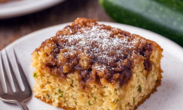 Slice of cinnamon zucchini coffee cake with a golden crumb topping on a plate, steam rising and a coffee cup in the background.