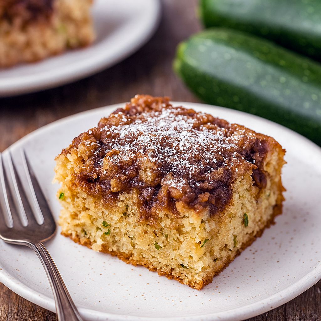 Slice of cinnamon zucchini coffee cake with a golden crumb topping on a plate, steam rising and a coffee cup in the background.