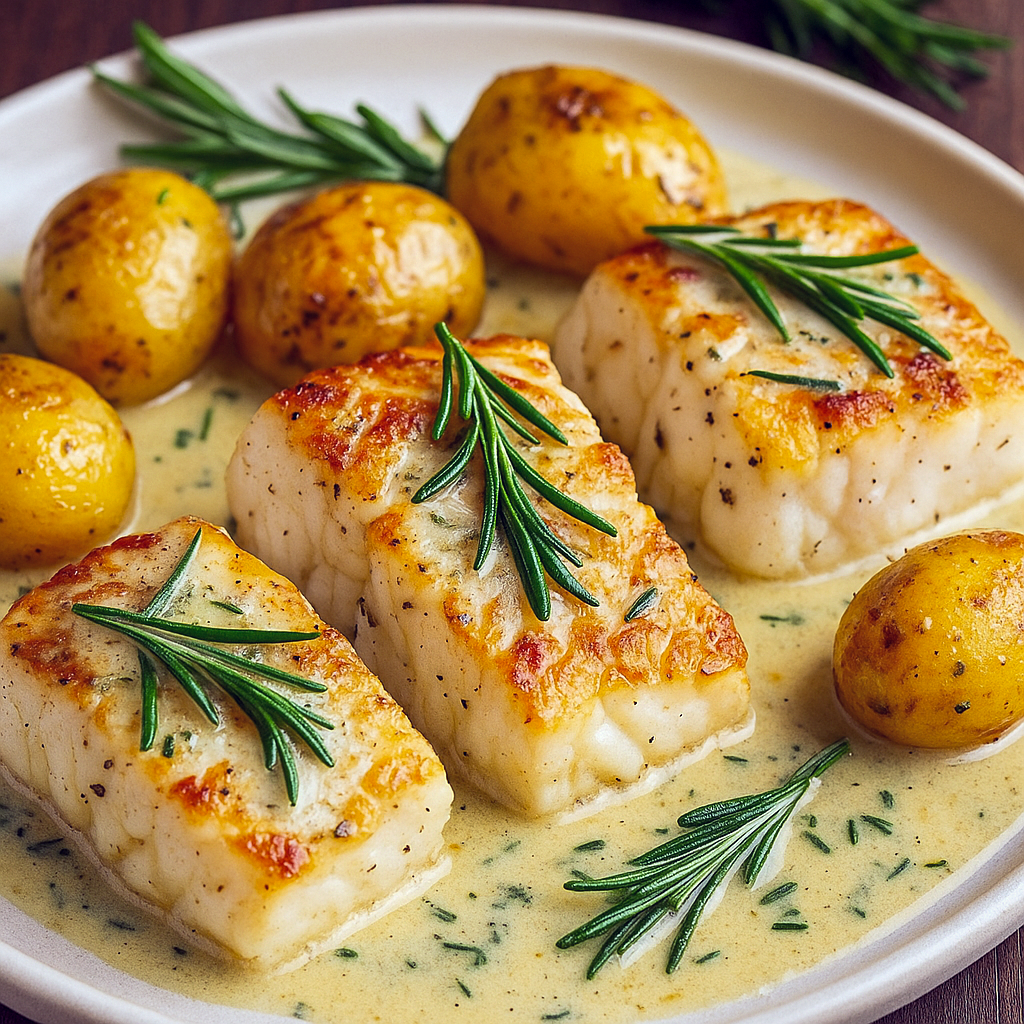 A golden baked dish of Cod With Rosemary Cream Sauce nestled with tender potatoes, topped with fresh parsley, and finished with lemon zest—an elegant weeknight dinner that’s part of One Pot Cod Recipes and perfect for anyone searching for Dinner Ideas With Capers or simple yet Elevated Food Recipes.