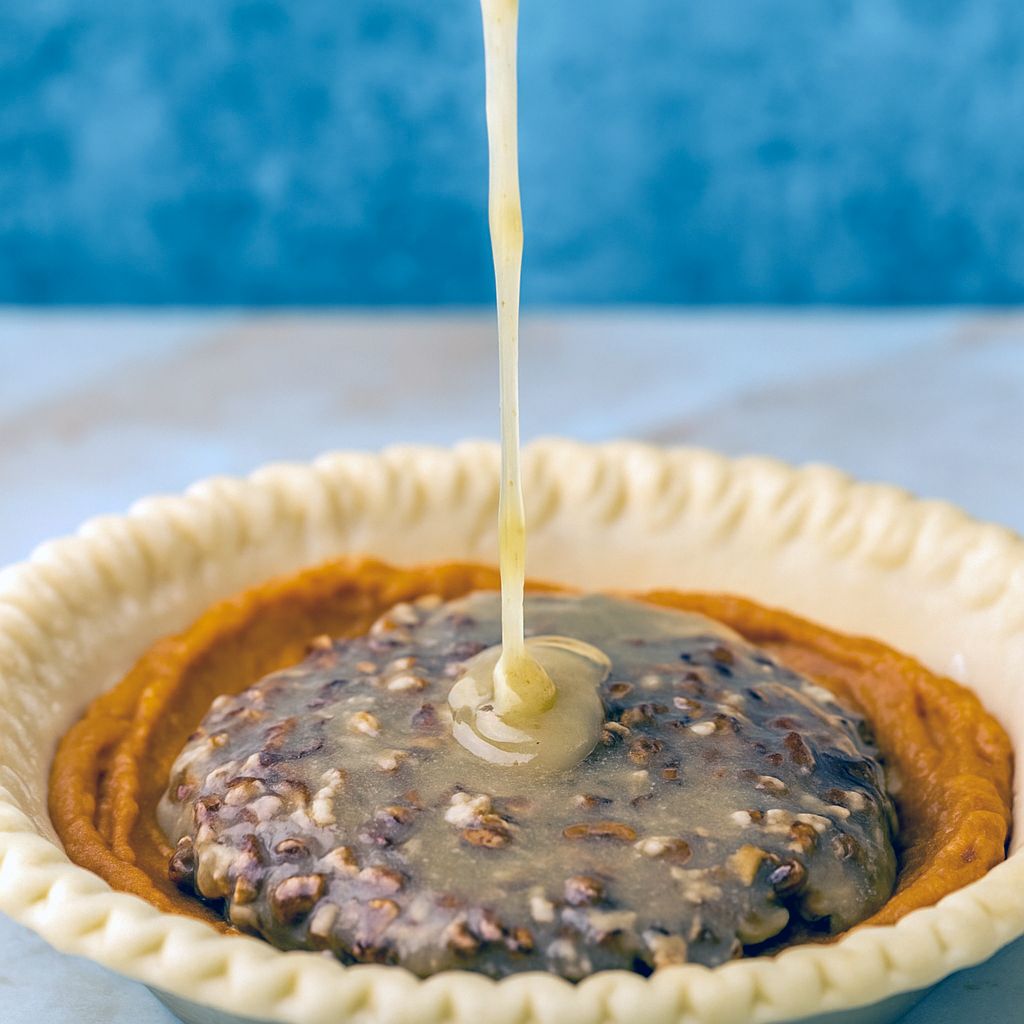 A golden Pumpkin And Pecan Pie Recipe with a rich pecan layer baked on top of creamy pumpkin filling, styled as a festive Pumpkin Pie With Topping, perfect for Autumn Pie lovers and holiday Pumpkin Pies.