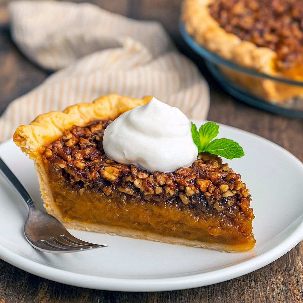 A golden Pumpkin And Pecan Pie Recipe with a rich pecan layer baked on top of creamy pumpkin filling, styled as a festive Pumpkin Pie With Topping, perfect for Autumn Pie lovers and holiday Pumpkin Pies.