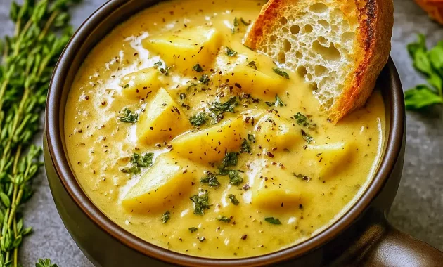 A bowl of creamy Cheddar Garlic Potato Soup garnished with fresh herbs and crispy bacon, showcasing a Hearty Cheddar Garlic Herb Potato Soup perfect for fall.