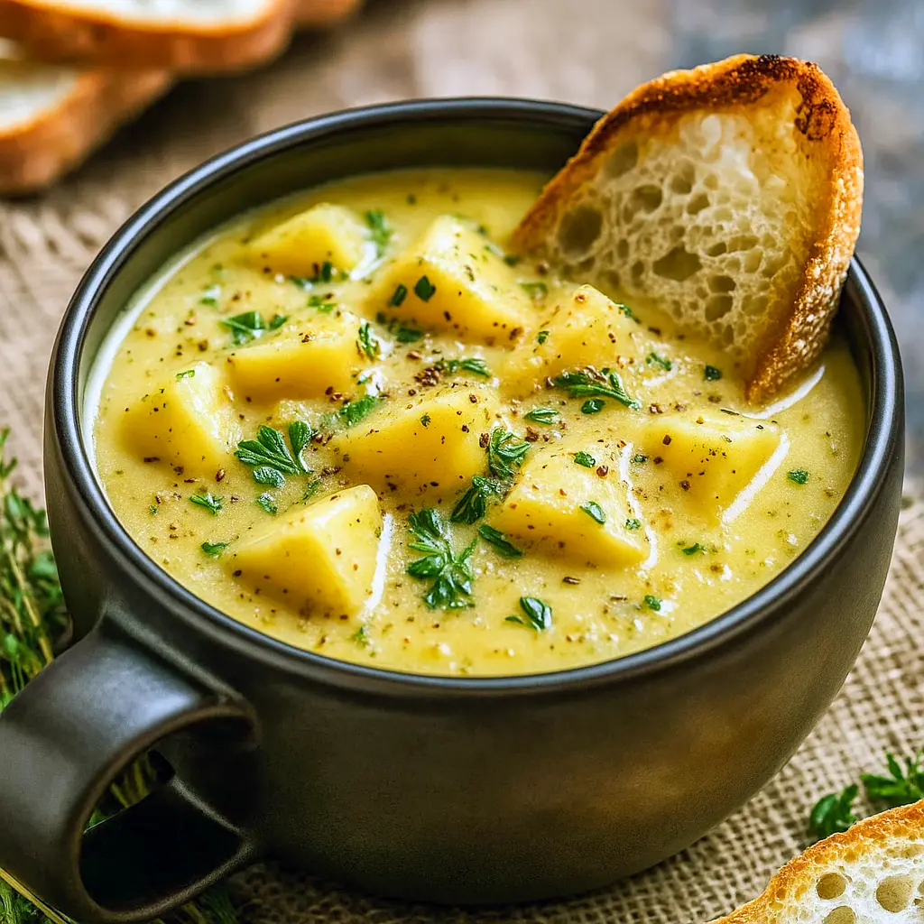 A bowl of creamy Cheddar Garlic Potato Soup garnished with fresh herbs and crispy bacon, showcasing a Hearty Cheddar Garlic Herb Potato Soup perfect for fall.