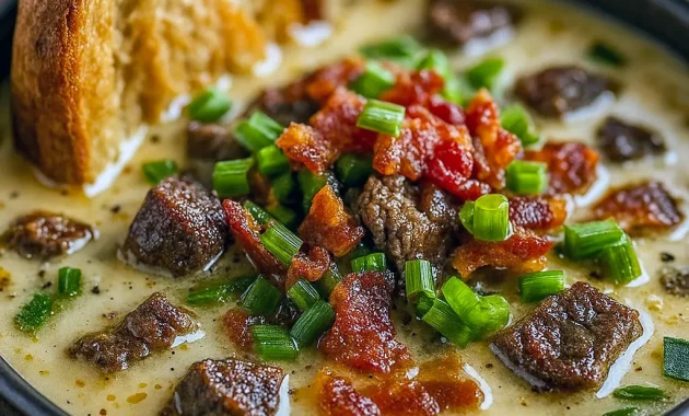 A steaming bowl of creamy Philly Steak Soup filled with tender steak, bell peppers, and melted cheese, perfect Cozy Fall Dinner Recipes and Fall Comfort Food Recipes, ideal Cheesesteak Soup Recipe and Soup Idea among Different Soups Recipes, showcasing a delicious Philly Cheese Steak Soup and other Unique Soups like Restaurant Soup Recipes.