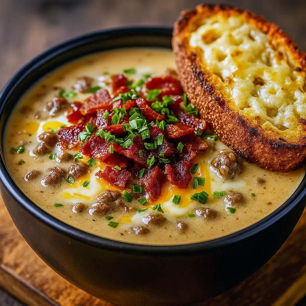 A steaming bowl of creamy Philly Steak Soup filled with tender steak, bell peppers, and melted cheese, perfect Cozy Fall Dinner Recipes and Fall Comfort Food Recipes, ideal Cheesesteak Soup Recipe and Soup Idea among Different Soups Recipes, showcasing a delicious Philly Cheese Steak Soup and other Unique Soups like Restaurant Soup Recipes.