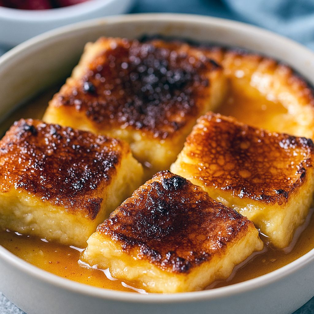 Golden crème brûlée French toast casserole with caramelized top, fresh berries, and powdered sugar on a white serving plate.
