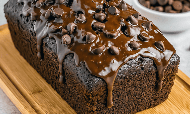 Freshly baked Chocolate Brownie Bread sliced on a wooden board, showcasing a rich, fudgy Brownie Loaf Cake texture with a glossy drizzle of hot fudge—perfect for fans of Different Types Of Brownies, Giant Brownies, and easy Chocolate Quick Bread Recipes.