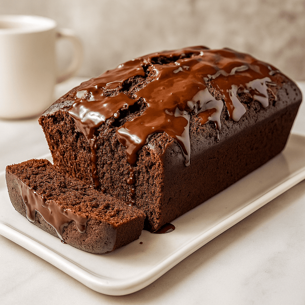 Freshly baked Chocolate Brownie Bread sliced on a wooden board, showcasing a rich, fudgy Brownie Loaf Cake texture with a glossy drizzle of hot fudge—perfect for fans of Different Types Of Brownies, Giant Brownies, and easy Chocolate Quick Bread Recipes.