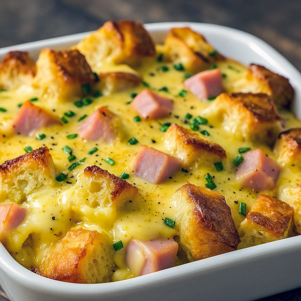 Eggs Benedict casserole in a baking dish with golden muffin cubes, Canadian bacon, and hollandaise sauce — a Best Easy Breakfast Casserole that works as a Summer Brunch Dish, Breakfast For Dinner For A Crowd, or thoughtful Food For A Wake. Perfect Shareable Breakfast Dishes, easy Egg Bake Ideas, and versatile Make Ahead Brunch Dishes for holidays, gatherings, or casual Brunch Ideas For Two People.