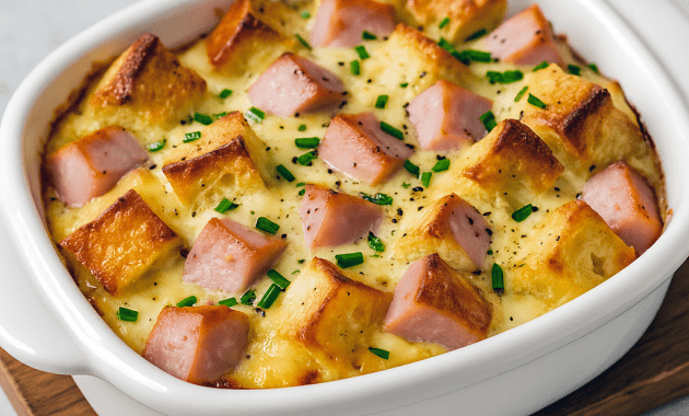 Eggs Benedict casserole in a baking dish with golden muffin cubes, Canadian bacon, and hollandaise sauce — a Best Easy Breakfast Casserole that works as a Summer Brunch Dish, Breakfast For Dinner For A Crowd, or thoughtful Food For A Wake. Perfect Shareable Breakfast Dishes, easy Egg Bake Ideas, and versatile Make Ahead Brunch Dishes for holidays, gatherings, or casual Brunch Ideas For Two People.