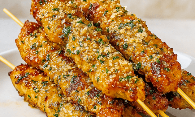 Plate of juicy grilled ranch garlic parmesan chicken skewers served with dipping sauce and fresh parsley, a perfect example of garlic ranch chicken and one of the best quick chicken appetizers or appetizer chicken recipes for BBQs, parties, or weeknight meals.