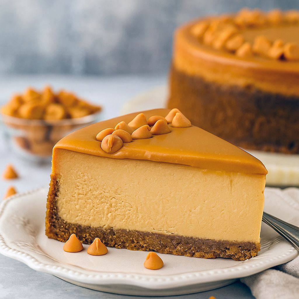 Slice of loaded butterscotch cheesecake with glossy ganache and extra chips on a white plate.