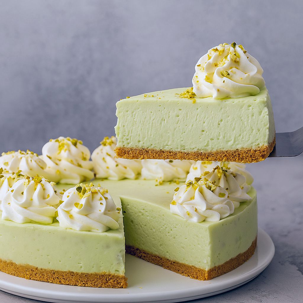 Slice of pale-green no-bake pistachio cheesecake on a white plate, creamy filling over a graham cracker crust, topped with whipped cream rosettes and chopped pistachios.