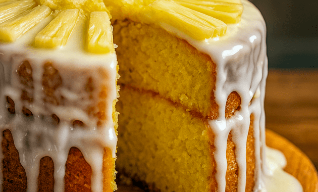 A golden Bundt-style Pineapple Cake Recipe Homemade topped with glossy Pineapple Icing, showcasing tropical inspiration from Pineapple Coconut Upside Down Cake, Pineapple Drizzle Cake, and Pineapple Upside Down Layer Cake. A light, moist crumb that works beautifully with Pineapple Cake Filling Recipes, easily adapted into a Pineapple Bundt Cake Easy or a rich Pineapple Pound Cake Homemade, finished with an extra drizzle of sweet Pineapple Cake Icing.