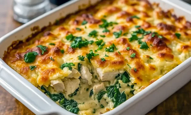Creamy baked Fresh Spinach Casserole with tender shredded chicken, golden cheese topping, and a rich sauce—perfect as a comforting Dinner Recipe With Spinach and one of the best Quick Easy Casserole Recipes For Dinner for busy families.