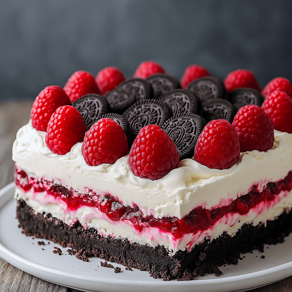 A layered Raspberry Lasagna Dessert made with a crushed Oreo crust, chocolate pudding, and a fluffy raspberry cream cheese layer, topped with whipped cream and fresh raspberries — a stunning no-bake treat perfect for parties, holidays, or anyone who loves Raspberry And Chocolate Desserts.