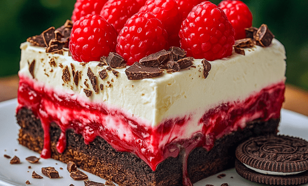 A layered Raspberry Lasagna Dessert made with a crushed Oreo crust, chocolate pudding, and a fluffy raspberry cream cheese layer, topped with whipped cream and fresh raspberries — a stunning no-bake treat perfect for parties, holidays, or anyone who loves Raspberry And Chocolate Desserts.