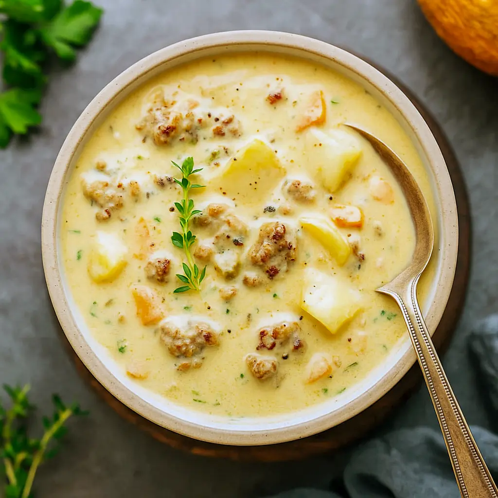 Bowl of Cheesy Italian Sausage Soup with tender potatoes, sausage, and veggies — a creamy Crockpot Potato And Sausage Soup perfect for Comfort Fall Recipes and cozy Fall Time Soups.