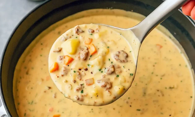 Bowl of Cheesy Italian Sausage Soup with tender potatoes, sausage, and veggies — a creamy Crockpot Potato And Sausage Soup perfect for Comfort Fall Recipes and cozy Fall Time Soups.