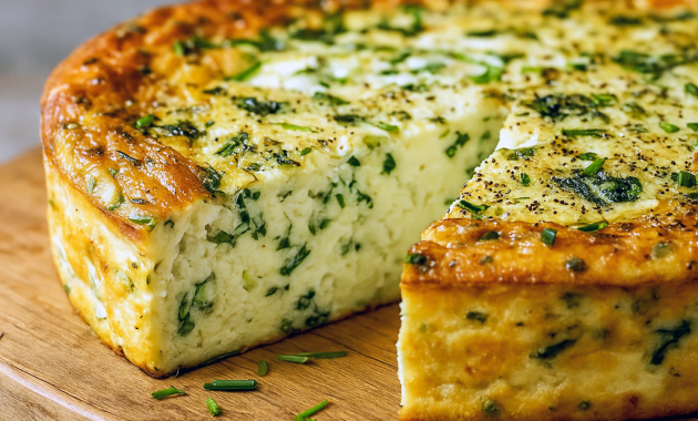 Golden baked cottage cheese & spinach crustless quiche in a pie dish, showing a fluffy, cheesy filling with spinach and veggies — a healthy twist on a classic quiche and one of the best savoury breakfast ideas.