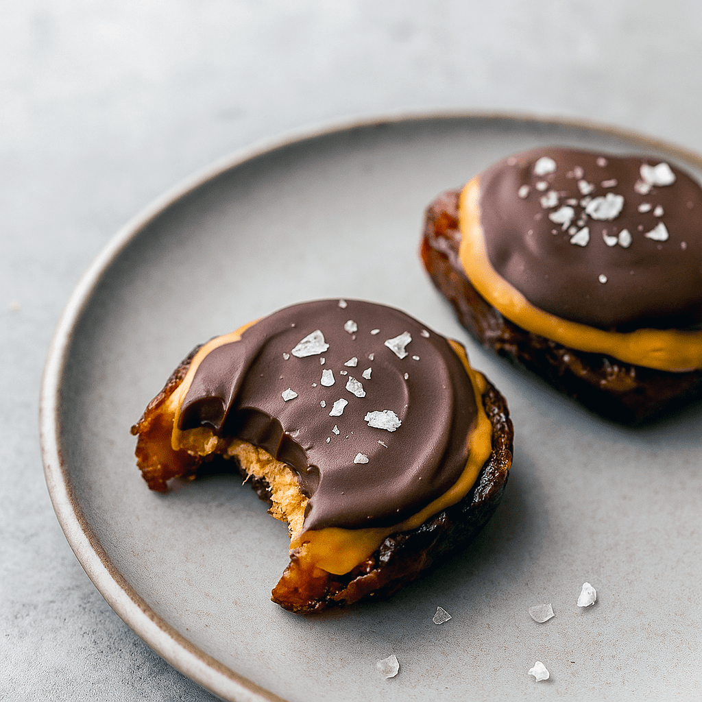 Close-up of smashed Medjool dates filled with peanut butter and drizzled with dark chocolate, sprinkled with flaky sea salt on parchment.