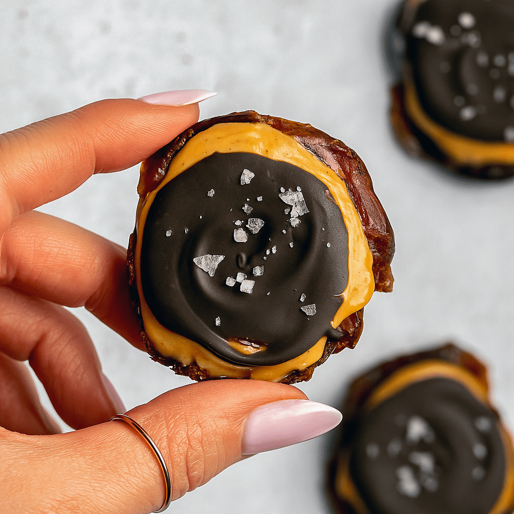 Close-up of smashed Medjool dates filled with peanut butter and drizzled with dark chocolate, sprinkled with flaky sea salt on parchment.