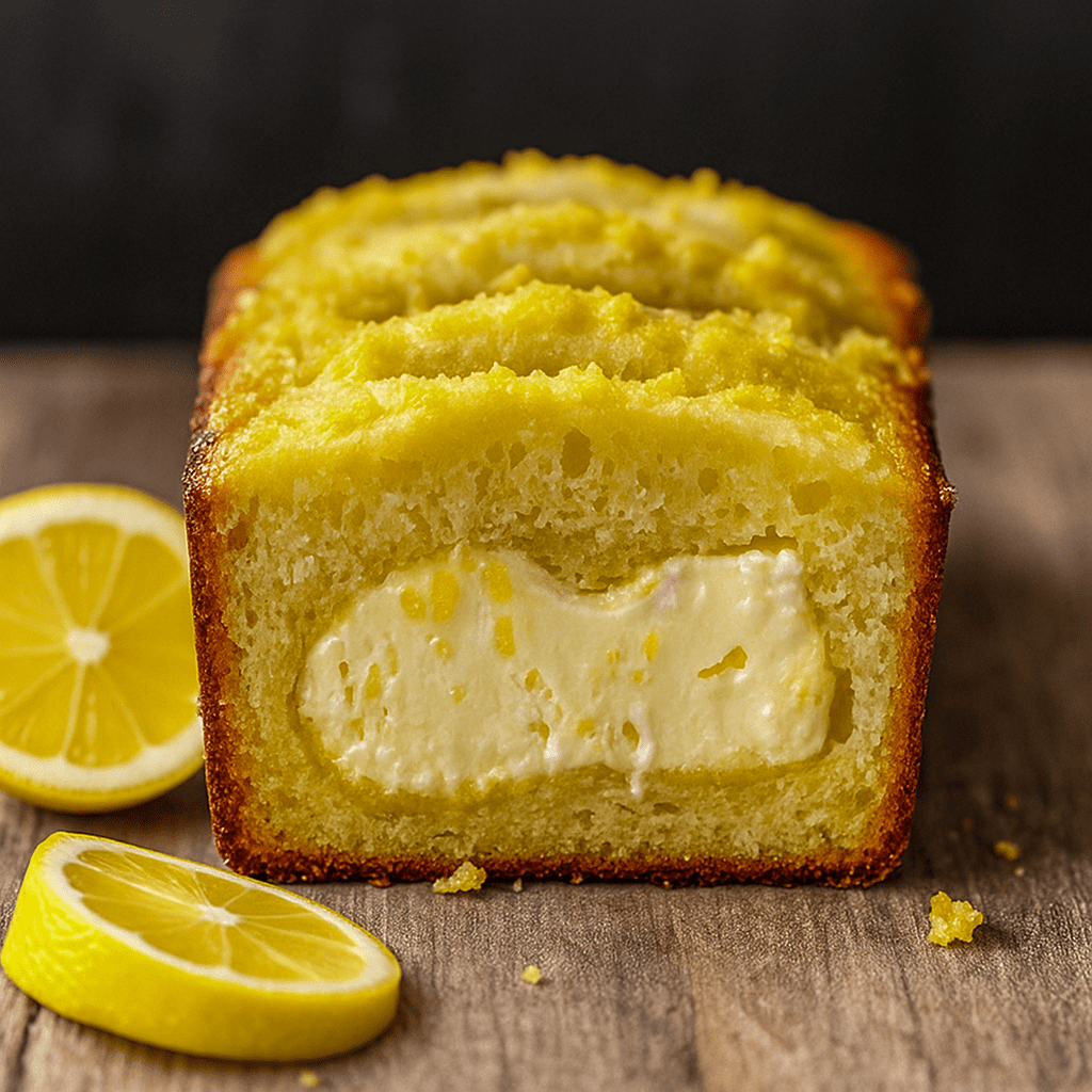 Glazed lemon cream cheese loaf sliced on a cooling rack, topped with lemon zest and a jar of glaze nearby.