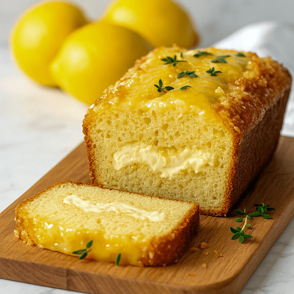 Glazed lemon cream cheese loaf sliced on a cooling rack, topped with lemon zest and a jar of glaze nearby.