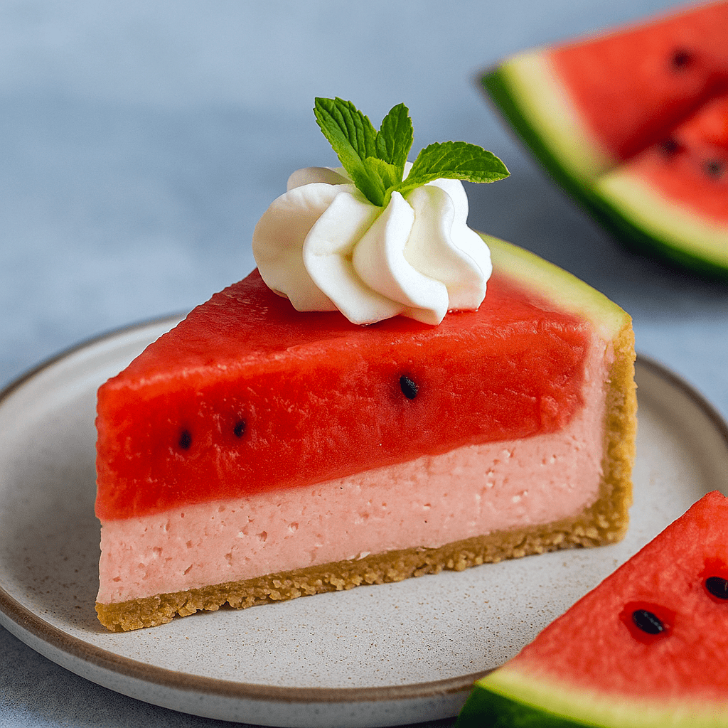 No-Bake Watermelon Cheesecake on a graham cracker crust, topped with fresh watermelon slices and mint leaves — a refreshing summer treat for fans of Watermelon Dessert Recipes, Cake With Fruit, Holiday Cheesecake Recipes, Watermelon Cake, Baked Cheesecake Recipe, Lemon Dessert Recipes, Easy Cheesecake Recipes, Cheesecake Desserts, and Watermelon Recipes.