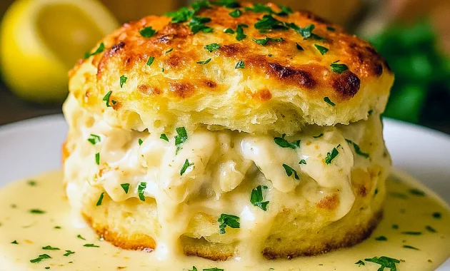 Golden baked Crab Biscuits stuffed with lump crab, inspired by Red Lobster Biscuit Crab Cakes, served as Crab Party Food and perfect for Seafood Breakfast Ideas, Seafood Charcuterie, or any spread featuring Recipes Using Crab and other delicious Yummy Seafood Recipes.