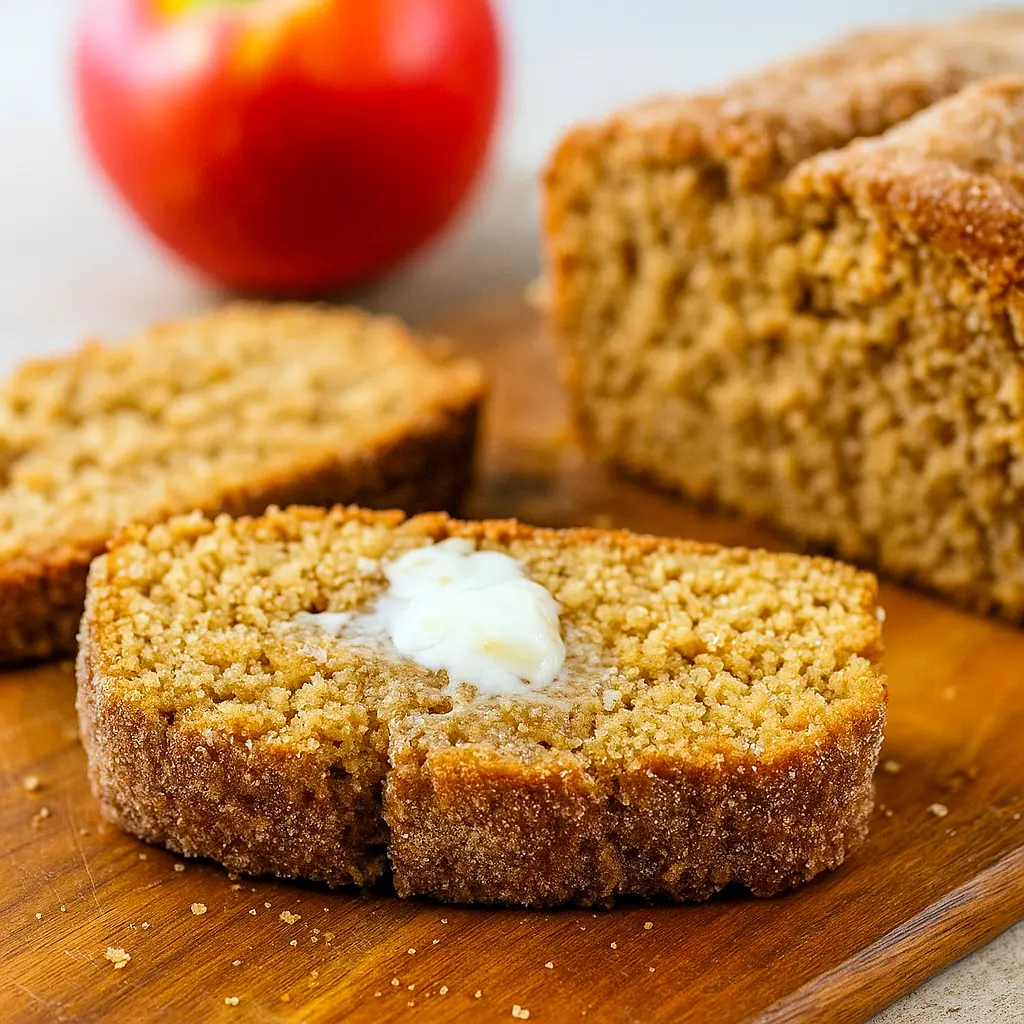 Close-up Of Apple Cinnamon Bread loaf coated in cinnamon sugar, inspired by Apple Cider Donuts — a cozy Apple Cider Donut Bread Recipe that tastes like Farmhouse Apple Fritter Bread With Cider Glaze. Perfect Dessert Bread for fall, great for fans of Bread Recipes Sweet and Bread Recipes Homemade who want to learn How To Make Apple Cider Bread or How To Make Apple Cider Donut Bread at home.