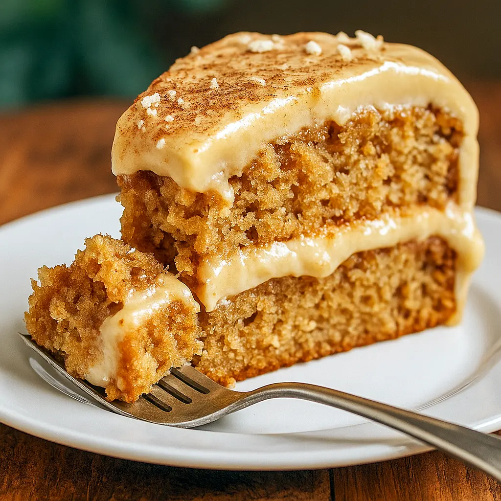 Slice of applesauce spice cake topped with cinnamon cream cheese frosting and chopped pecans on a ceramic plate.